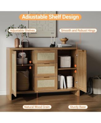 "47.2-Inch Rattan Buffet Sideboard Cabinet, Boho Credenza with Drawers & Doors, Wooden Coffee Bar Storage for Entryway or Living Room"