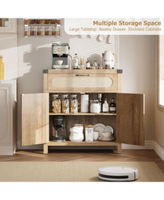 Rattan Sideboard Buffet Cabinet with Drawer, Farmhouse Kitchen Accent Storage, Boho Wooden Coffee Bar Console