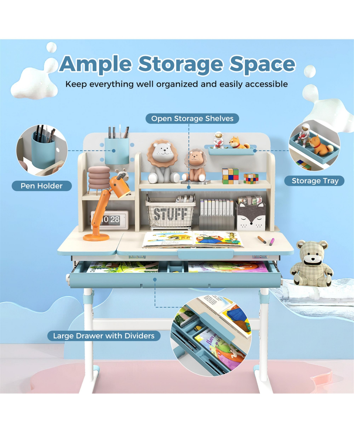 Gymax Kids Multifunctional Study Table Desk w/ Tiltable Desktop Book Stand