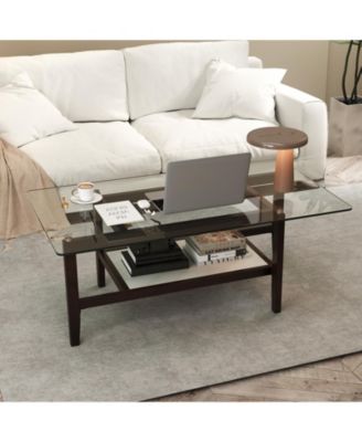 2-Tier Glass Coffee Table w/ Storage Shelf Solid Rubber Wood Legs for Office