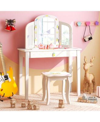 Kids Vanity Table Set Tri-Folding Mirror Pretend Play Dressing Large Drawer