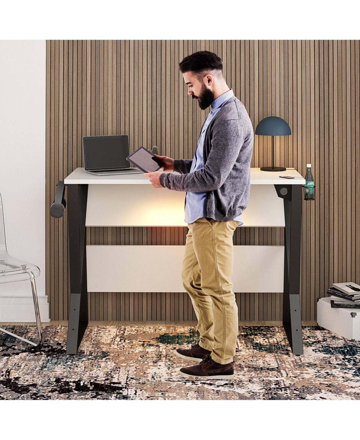 Flynama Genesis Electric Adjustable Height Gaming Desk with Usb Charging and Rgb Lighting White Ergonomic Standing Desk for Professional Gamers