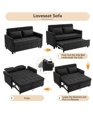 56.9" Loveseat Sofa Bed, Pull-Out Sleeper, Linen, Reversible Backrest, Side Pockets, USB Ports, Phone Holder