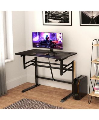 Pneumatic Height Adjustable Gaming Desk T Shaped Game Station w/Power Strip Tray