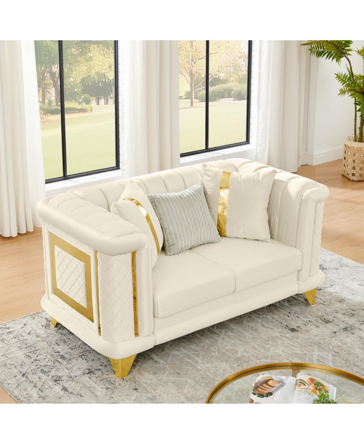 Streamdale Furniture 69" Velvet Loveseat Sofa, Gold Trim, Tufted, Pillows, Beige