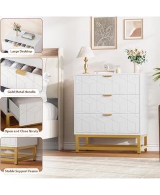 3-Drawer Wood Dresser with Gold Metal Legs & Handles