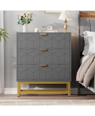 3-Drawer Wood Dresser with Gold Metal Legs & Handles