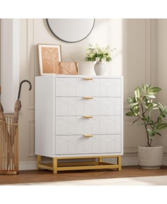 Modern 4-Drawer Dresser with Gold Metal Legs & Handles, Wide Wood Storage Chest for Bedroom, Living Room & Hallway