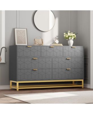 Modern 7 Drawer Dresser, Wide Chest with Gold Metal Legs & Handles, Wood Storage Organizer for Bedroom, Living Room, Hallway