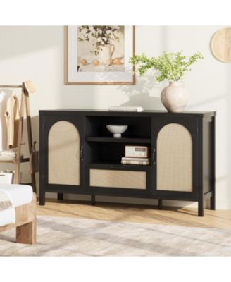 47.2" Rattan Buffet Cabinet with Storage, Boho Farmhouse Sideboard with Adjustable Shelves, Drawer, Doors, Kitchen Coffee Bar Cabinet