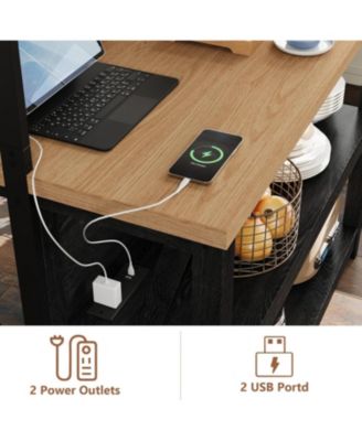 Wooden Kitchen Island with Power Outlet & LED Lights, 47" Kitchen Island Table with Storage, 3-Tier Bakers Rack, Coffee Bar Table with Hooks