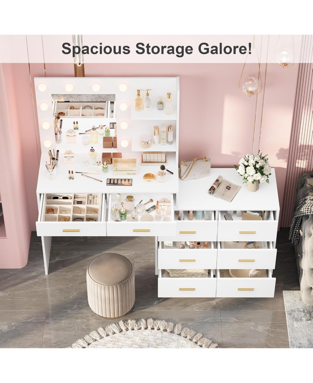 gaomon 61" Vanity Desk with Mirror and Lights, 8 Drawers & 2 Shelves, 3 Lighting Modes, Makeup Adjustable Brightness for Bedroom