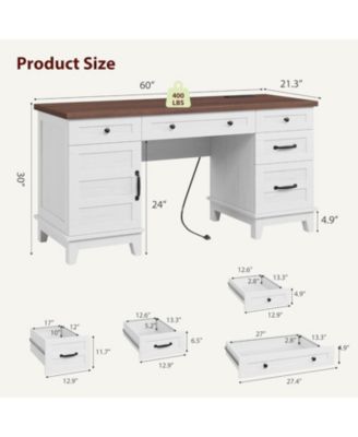 60" Farmhouse Executive Desk with File Drawers, Charging Station, Cabinet Storage, Home Office Computer Writing Desk
