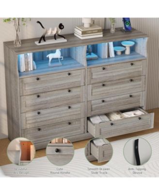 8 Drawers Wooden Dressers with LED Lights and Power Outlet for Bedroom