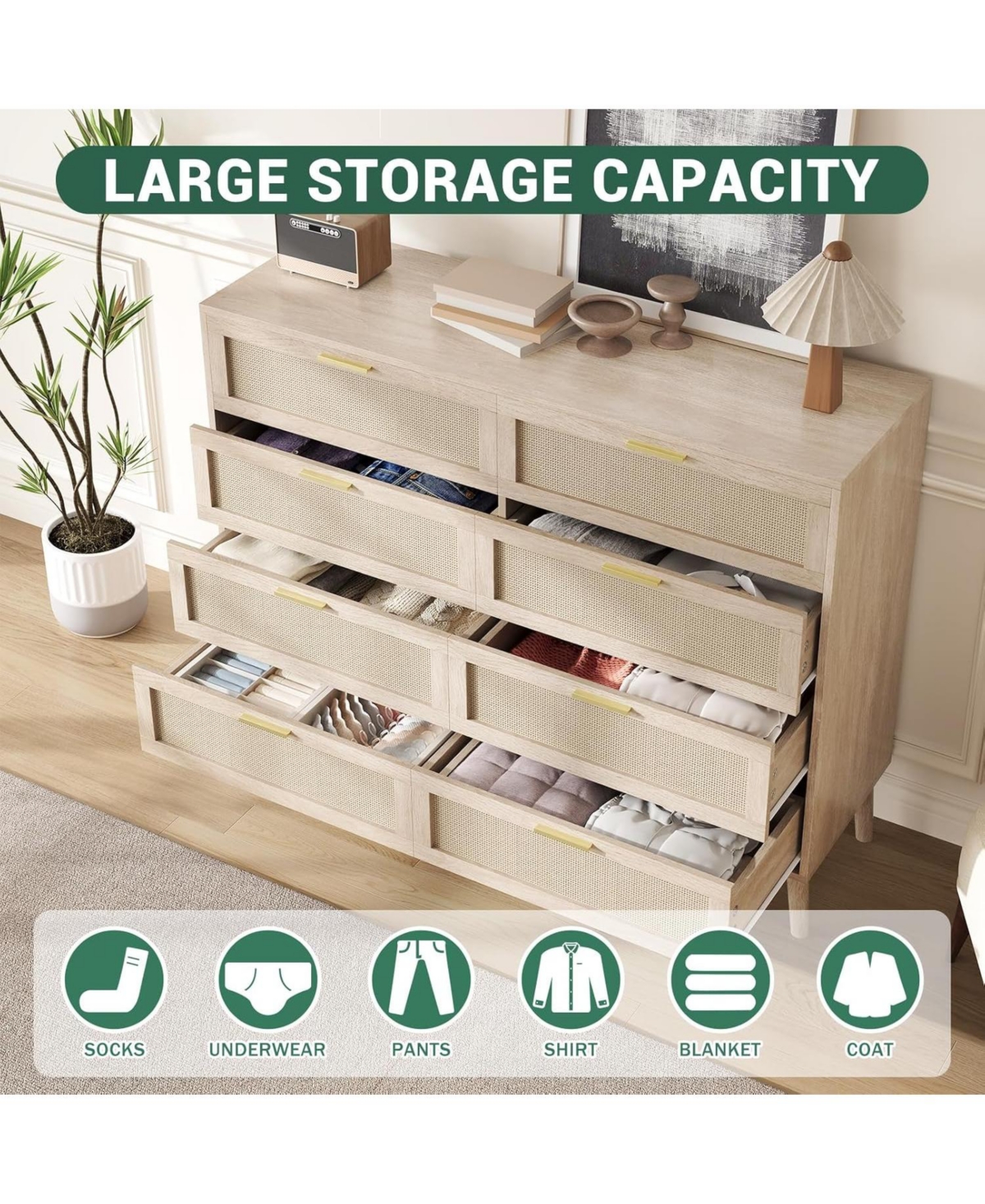 gaomon 8 Drawer Oak Dresser for Bedroom, Natural Rattan Chest with Gold Handles, Slim Wood Cabinet for Entryway or Living Room