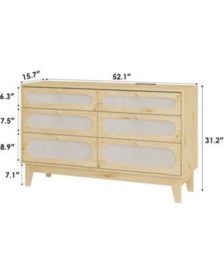 Coffee Brown Rattan 6-Drawer Dresser, Oak Storage Cabinet for Bedroom, Entryway, Closet & Living Room