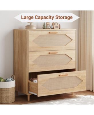 3 Drawer Rattan Dresser for Bedroom, Rattan Modern Dresser Wood Chest of Drawers, Wooden Storage Cabinets for Bedrooms