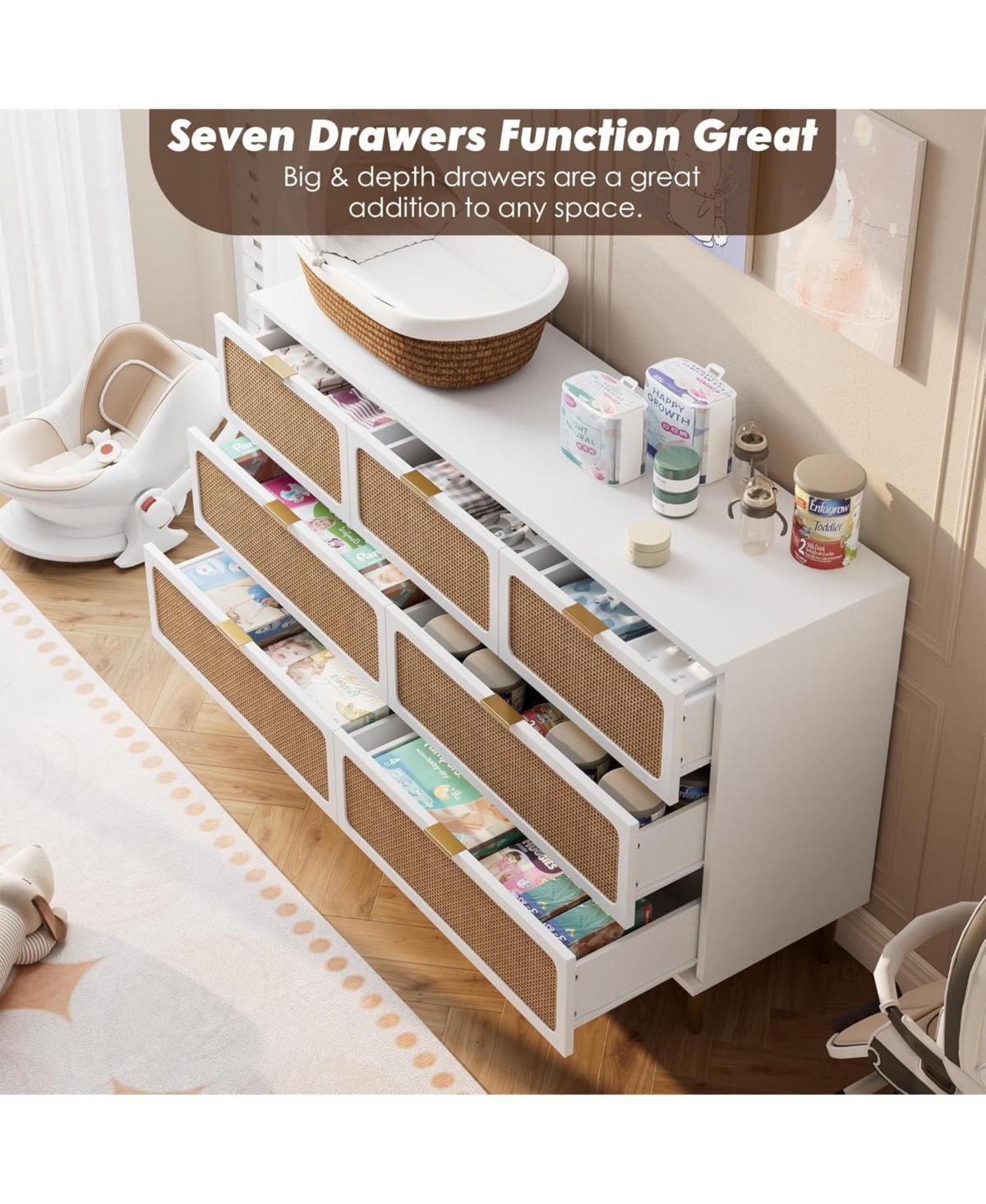 gaomon Rattan 7 Drawer Dressers for Bedroom, Tall Dresser with Deep Drawers, Large Chest of Drawers for Closet with Wide Top