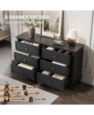 6 Drawer Dresser, Wooden Storage Chest of Drawers with Exquisite Metal Handles, Large Wide Dresser TV Stand