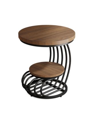 Round End Side Table Set of 2: Side Table with 2 Tiers Storage Shelves, Vintage End Table