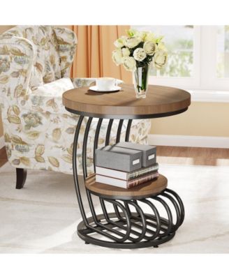 Round End Side Table Set of 2: Side Table with 2 Tiers Storage Shelves, Vintage End Table