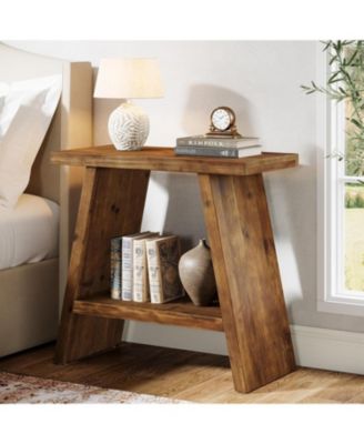Solid Wood End Table for Living Room, Narrow Small Side Table with 2-Tier Storage