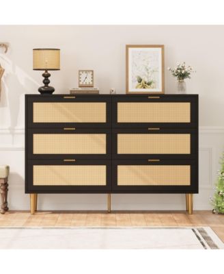Natural Rattan 6 Drawer Dresser for Bedroom, Chest of Drawers with Gold Legs and Gold Handles, Wide Double Dresser