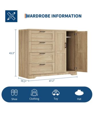 Storage Cabinet with 4 Drawers and 2 Doors, Freestanding Wardrobe with Hanging Rod