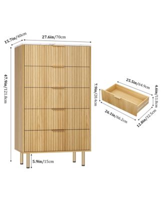 Fluted Wood 5-Drawer for Bedroom, Modern Chest, Tall Dresser