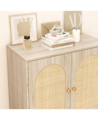 Rattan Shoe Cabinet with Doors, 4-Tier Entryway Shoe Organizer with Woven Rattan Panels and Adjustable Shelves for Hallway or Living Room