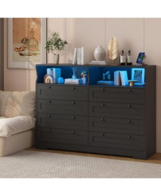 8-Drawer Bedroom Dresser with Charging Station & LED Lights, Modern Wide Wooden Chest for Bedroom Living Room Hallway Entryway