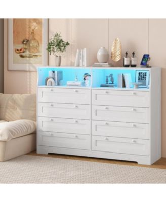 8-Drawer Bedroom Dresser with Charging Station & LED Lights, Modern Wide Wooden Chest for Bedroom Living Room Hallway Entryway
