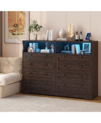 8-Drawer Bedroom Dresser with Charging Station & LED Lights, Modern Wide Wooden Chest for Bedroom Living Room Hallway Entryway