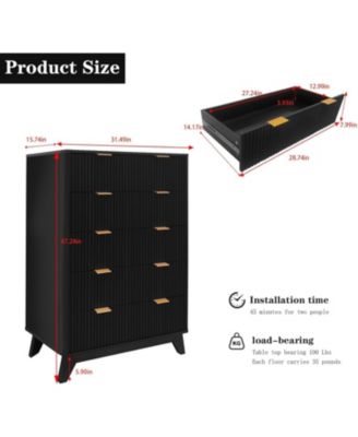 Modern Fluted 5-Drawer Dresser, 48" Tall Wood Chest with Anti-Tip Safety, Deep Storage Organizer for Bedroom, Living Room, or Closet