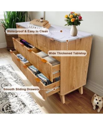 54" Farmhouse 6-Drawer Dresser with Drip-Pattern Front and Faux Marble Top, Wide Wood Storage Chest for Bedroom, Nursery, or Hallway