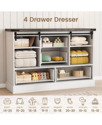 45" Farmhouse Barn Door 4-Drawer Dresser, Compact TV Stand and Storage Chest for Bedroom or Hallway