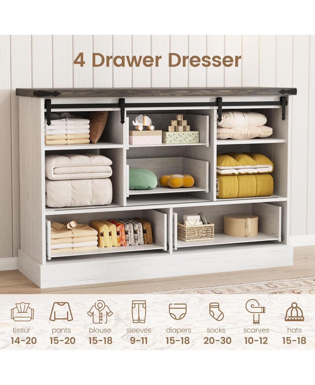 gaomon 45" Farmhouse Barn Door 4-Drawer Dresser, Compact Tv Stand and Storage Chest for Bedroom or Hallway