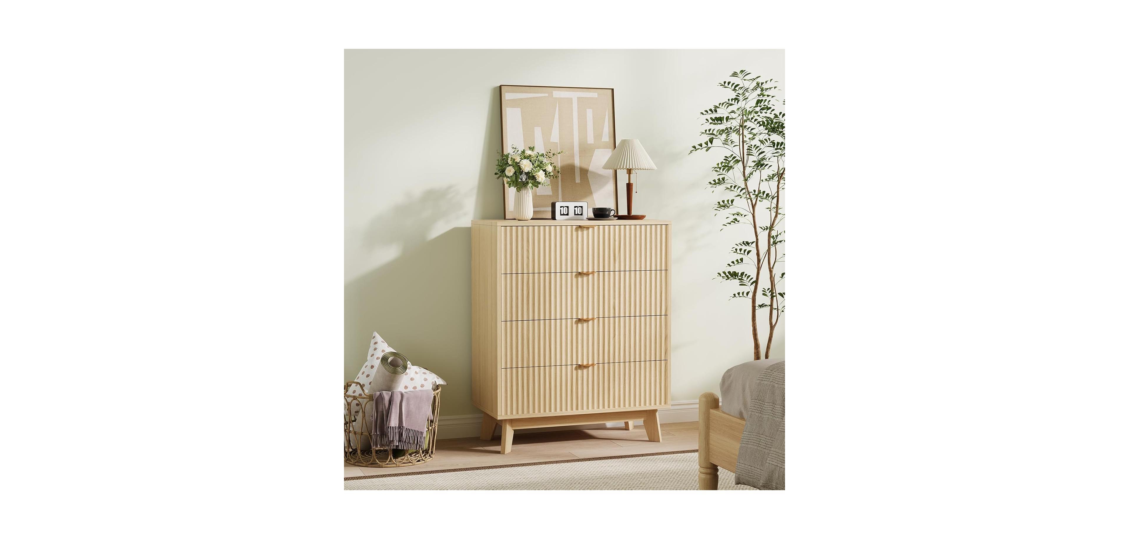 Gaomon Fluted 4-Drawer Modern Dresser, Wood Storage Chest Organizer for Bedroom, Living Room, Hallway, Natural Oak