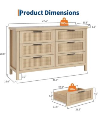 Fluted 6-Drawer Bedroom Dresser, 47.4" Wide Mid-Century Modern Chest with Storage Cabinet & Large Drawers for Bedroom and Living Room