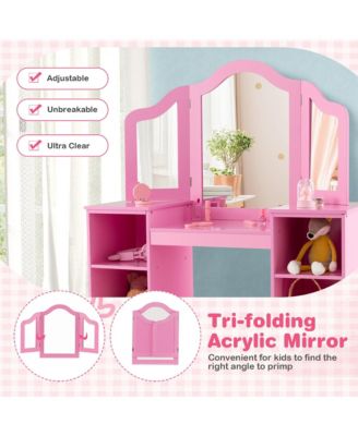 Kids Vanity 2 in 1 Princess Makeup Desk & Chair Set Safe Tri-fold Mirror