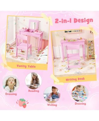 Kids Vanity Table & Chair Set 2-in-1 Princess Makeup Dressing Desk Set