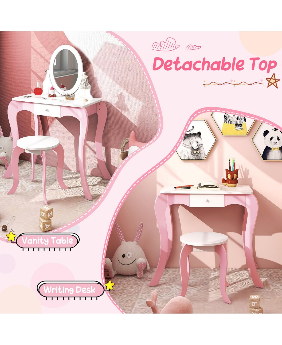 Gymax Pretend Kids Vanity Set Makeup Dressing Table 2-in-1 Mirror & Whiteboard