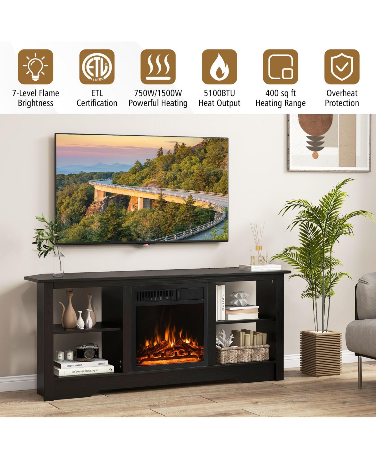 Gymax 58'' Fireplace Tv Stand w/ 18'' 1500W Electric Fireplace Adjustable Brightness