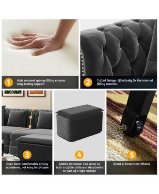 89" Sleeper Sofa Bed, King Size Velvet Pull-Out Couch with Chaise Lounge & Ottoman, 3-in-1 Tufted Sofa for Living Room