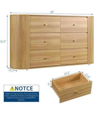 60in Mid Century Wooden Dresser with 6 Drawers 2 Sliding Doors, Oak Fluted Storage Cabinet