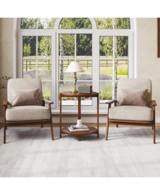 Solid Wood Side Table Set of 2, Small Round End Table with 2-Tier Storage