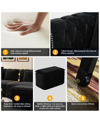 89" Sleeper Sofa Bed, King Size Velvet Pull-Out Couch with Chaise Lounge & Ottoman, 3-in-1 Tufted Sofa for Living Room