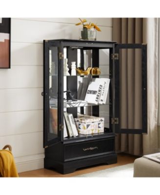 Streamdale Lighted Glass Curio Cabinet - 2-Door Display, Drawer, Bulb - BLACK