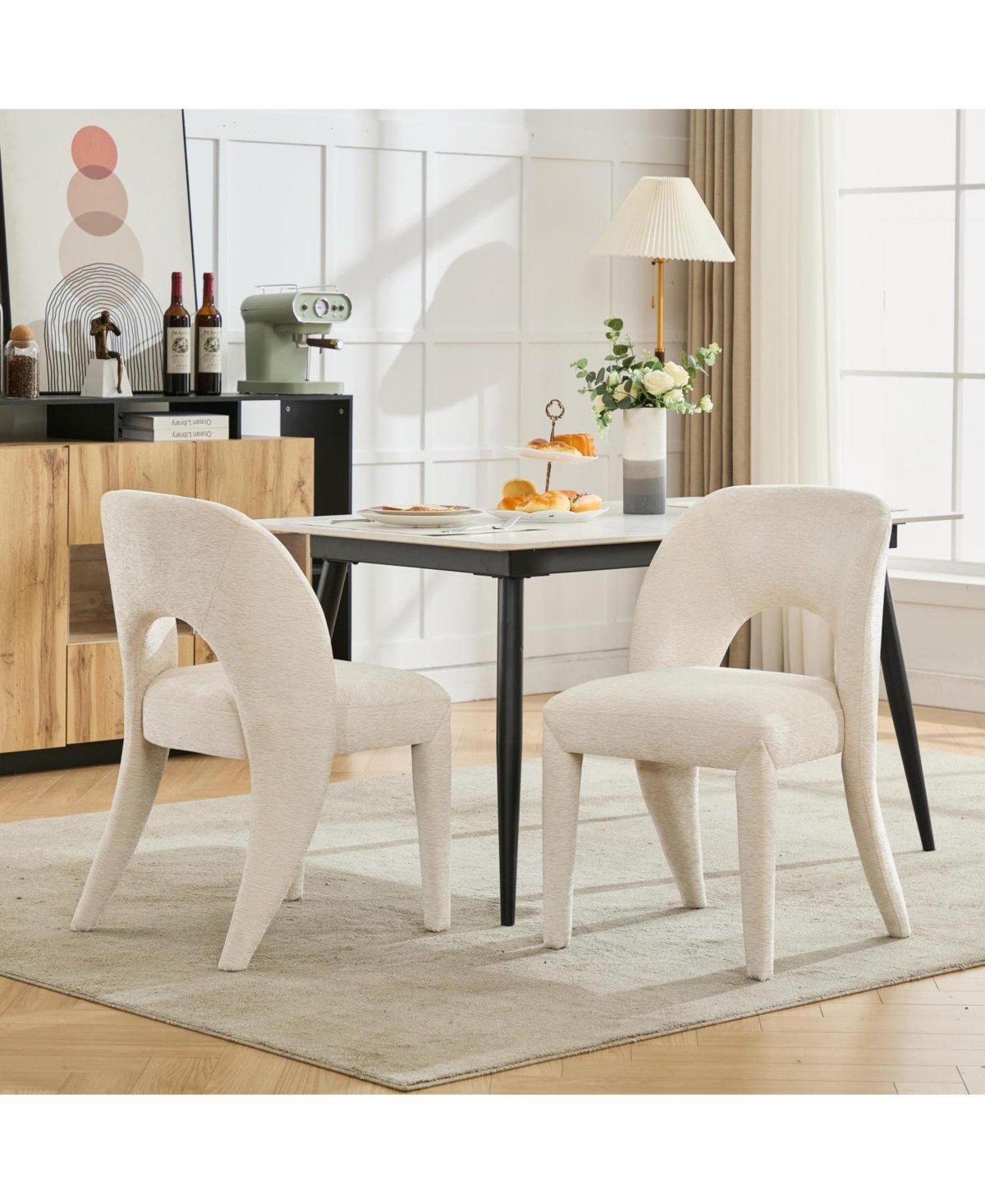 Streamdale Cream Chenille Dining Chairs, Hollow Back, Set of 2