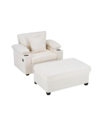 Oversized Chenille Chair with Ottoman USB & Cupholders